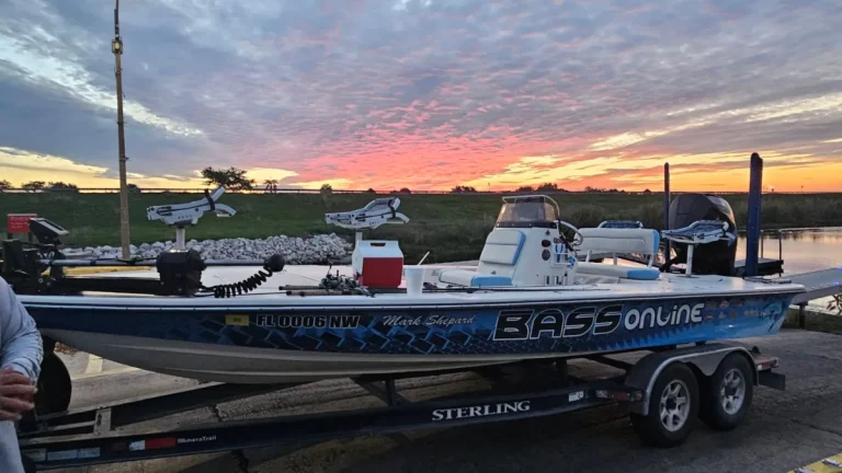 Capt. Mark Shepard’s Sterling bass boat on its trailer at sunset near Clewiston