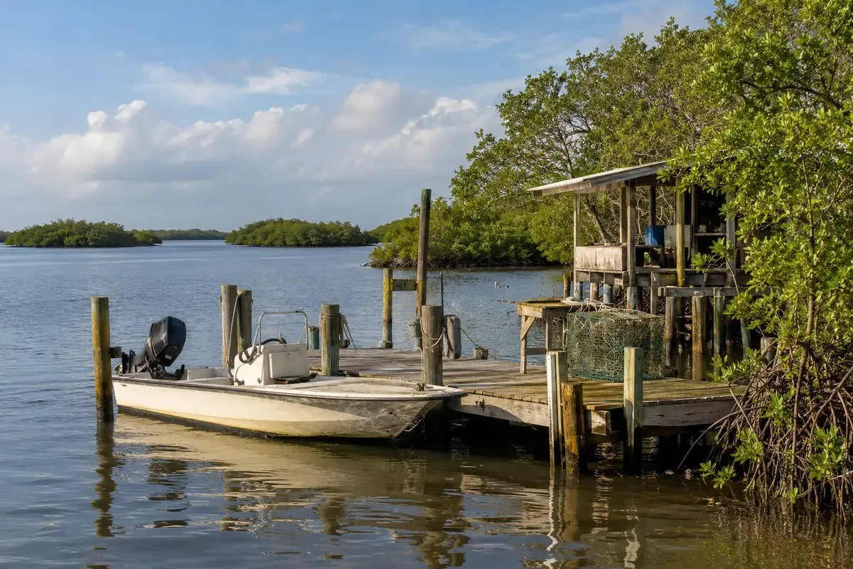 Fishing boat at a dock among the mangroves in Chokoloskee