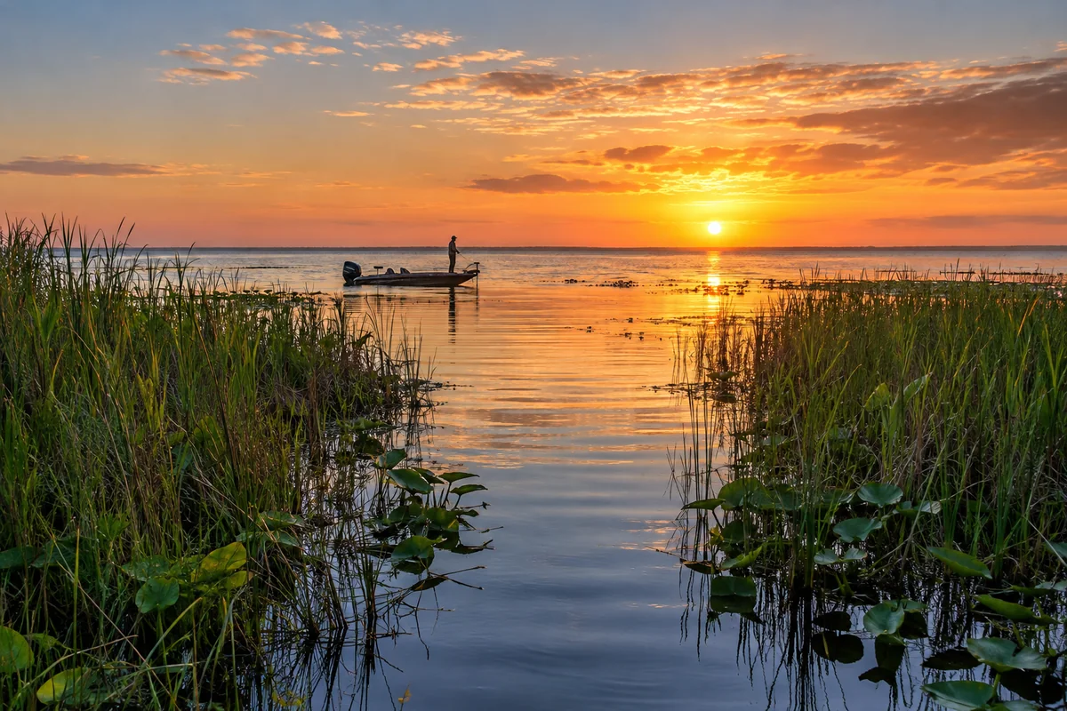 Small boat on Lake Okeechobee near Clewiston at sunset