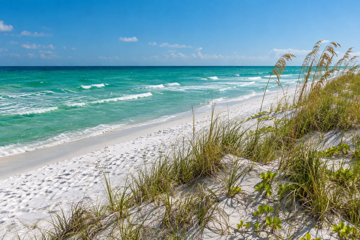 Sea oats and emerald water on the beach in Destin