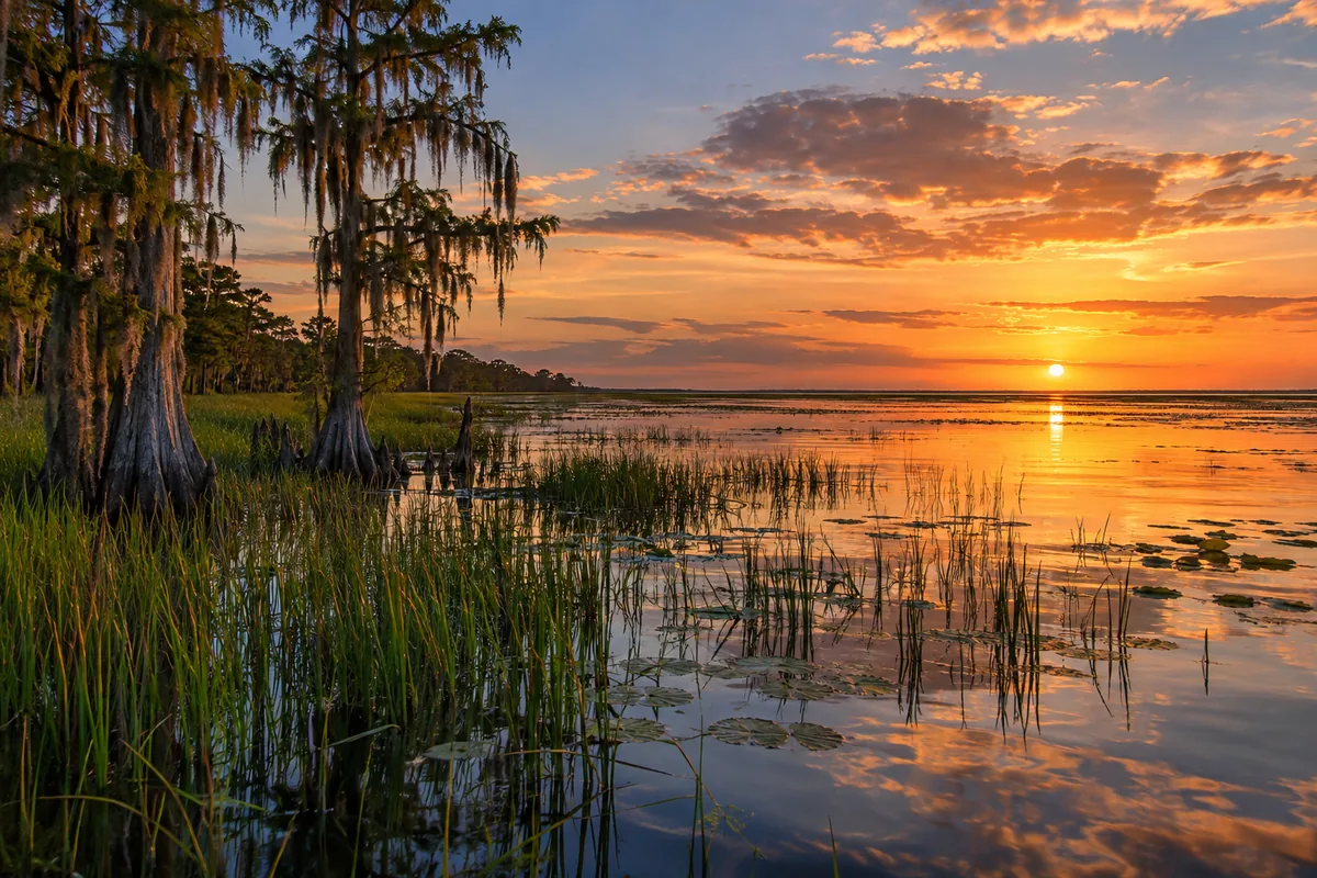 Cypress trees and marsh on the Lake Okeechobee shore at Lake Port at sunset