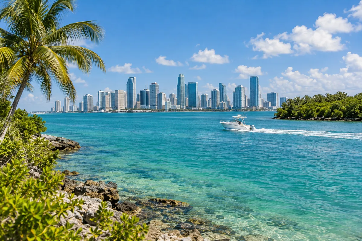 Boat on Biscayne Bay with the Miami skyline