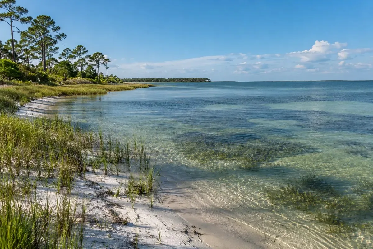 Grassy shoreline and clear water at Port St. Joe
